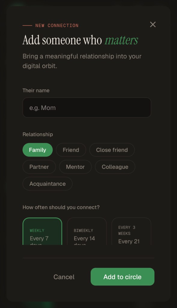 Add someone who matters modal with relationship chips and cadence options