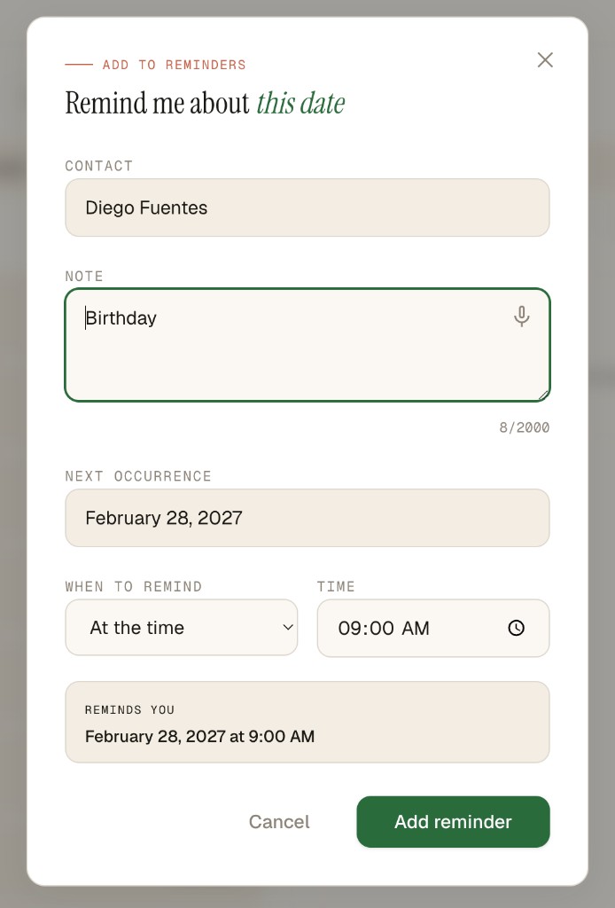 Add to reminders modal with contact, note, when to remind, and reminds you preview