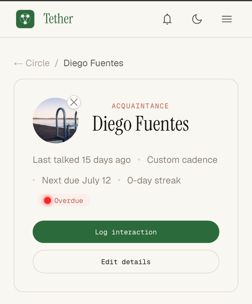 Contact profile showing last talked, custom cadence, and overdue status