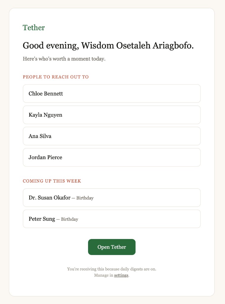 Daily digest email listing people to reach out to and upcoming birthdays