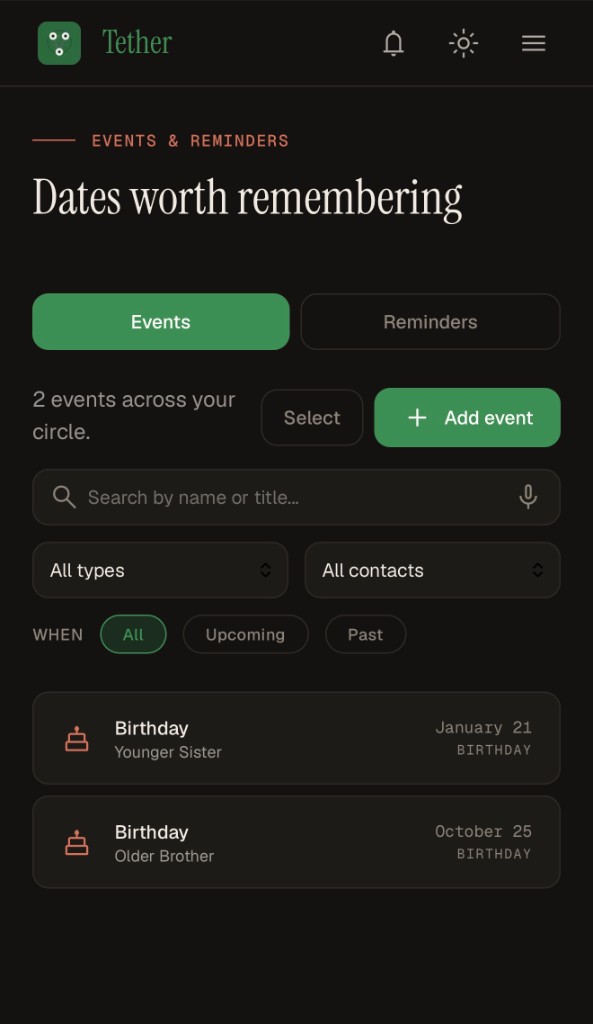 Events list with birthdays for people in your circle