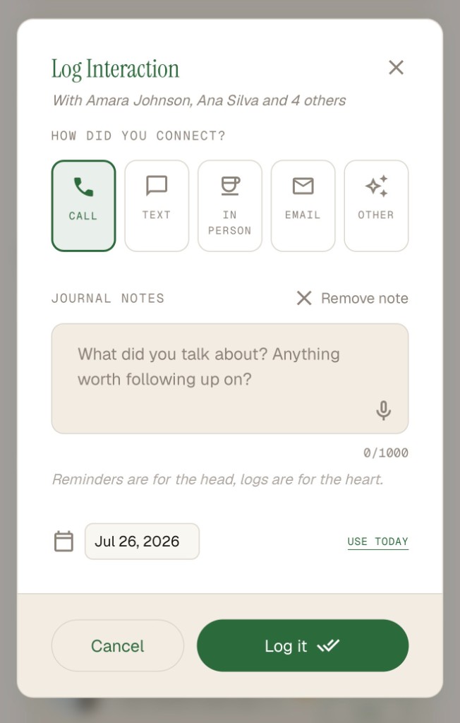 Log interaction modal with connection types, journal notes, and date