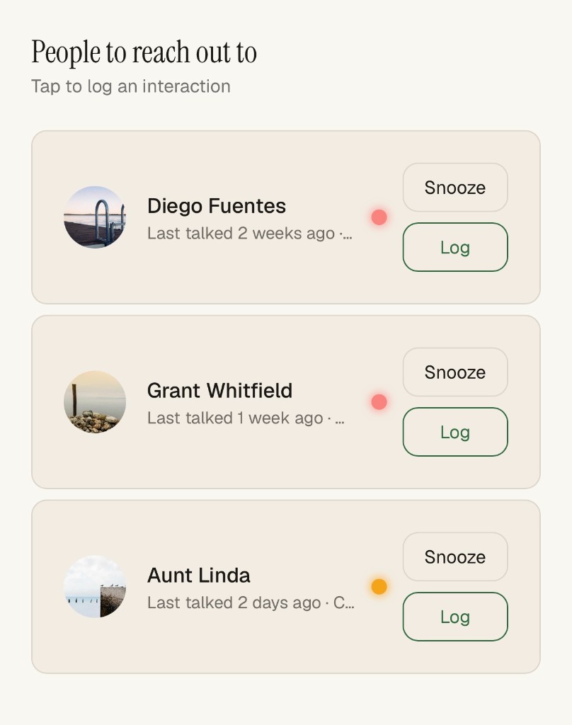 Tether dashboard showing people to reach out to with Snooze and Log actions