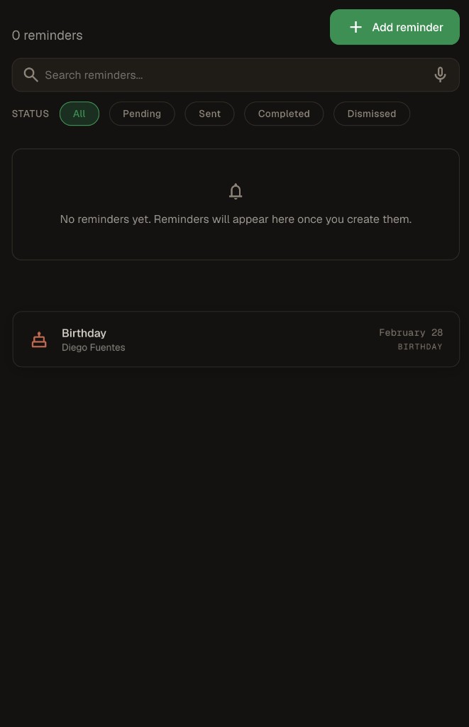 Reminders board with search, status filters, and a birthday reminder