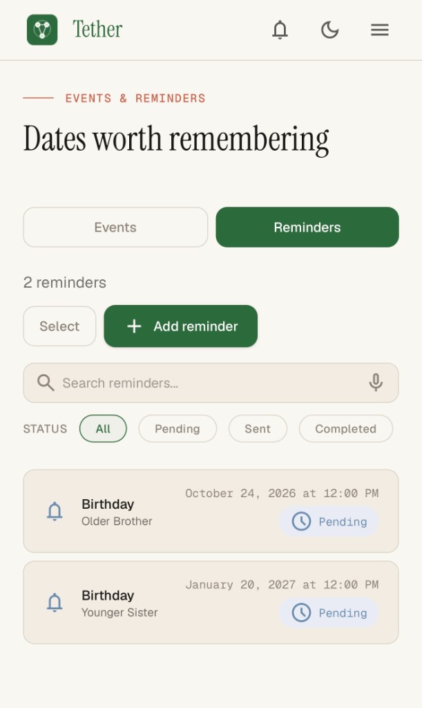 Reminders tab with pending birthday reminders